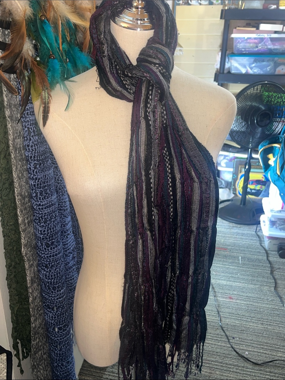 Lightweight Striped Fringe Scarf - Black & Purple Bohemian Crinkle Textured S197